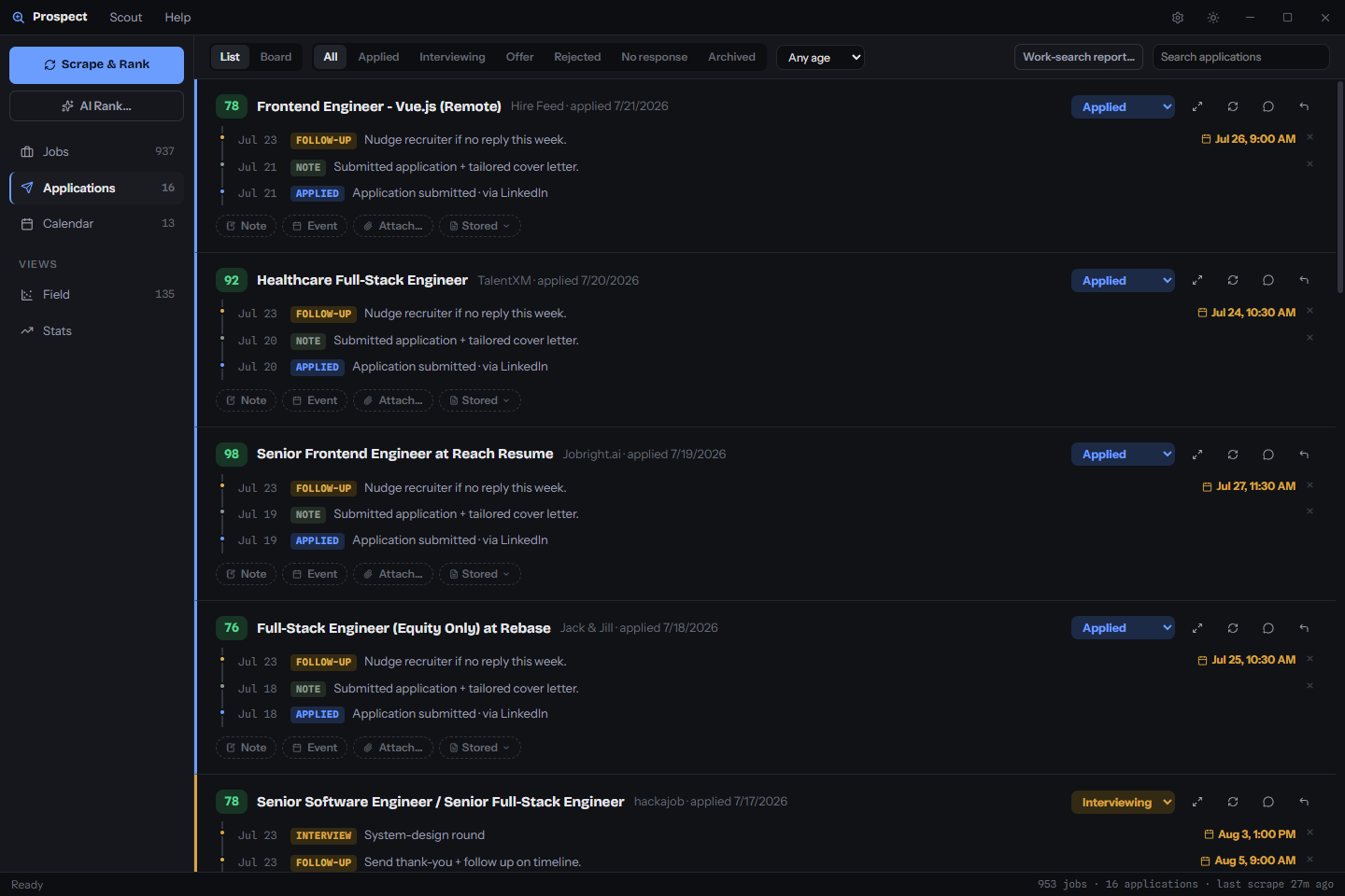 Applications view - submitted applications with dated event timelines