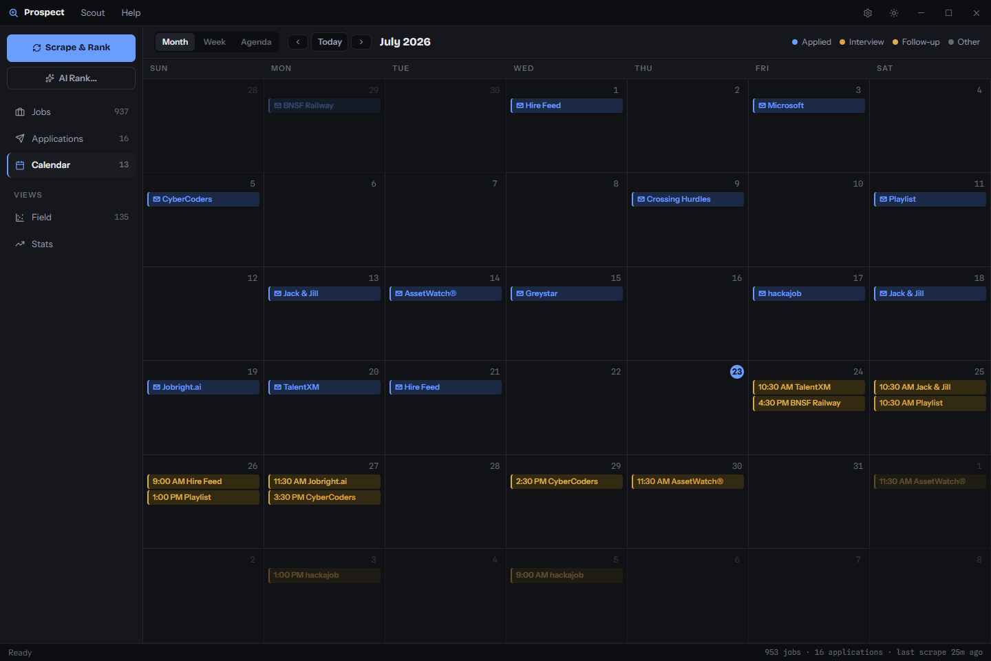 Calendar view - interviews, follow-ups, and deadlines by month