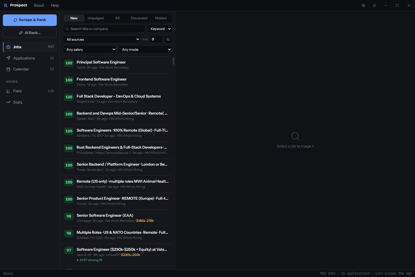 Prospect Jobs view - scraped postings ranked 0–100 by keyword fit, with AI verdicts