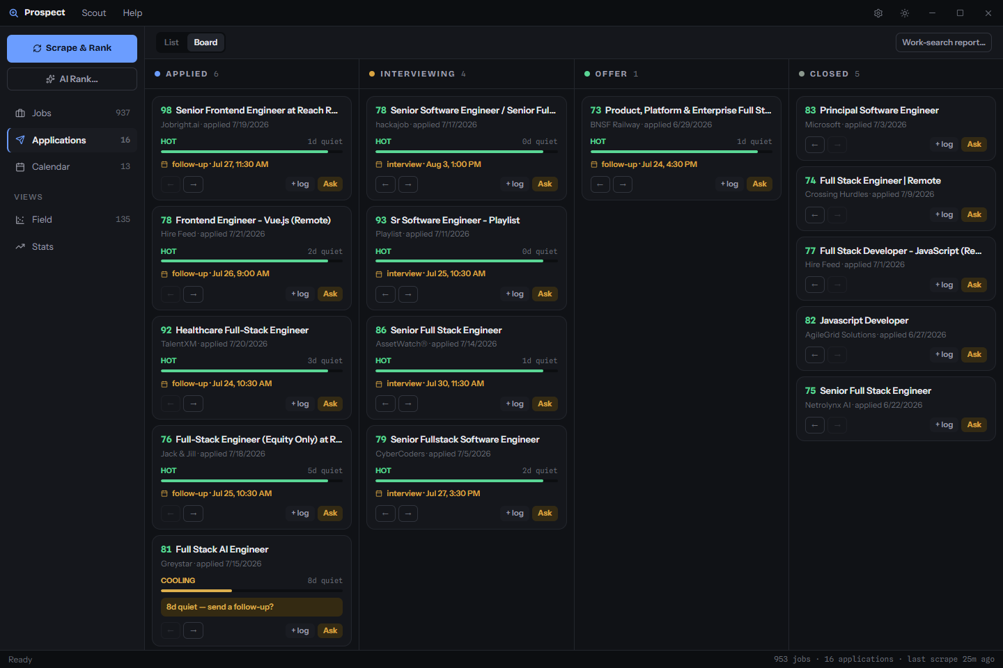 Pipeline board - Kanban columns with per-lead warmth meters
